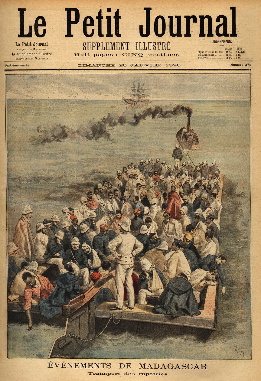 Haavoittuneiden rapatrien kuljetus Madagaskarilta. Kaiverrus "" Le petit Journal" -lehdessä 26/01/1896. Selvan kokoelma. tekijältä Unknown artist