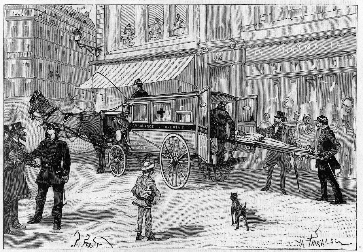 Loukkaantunut kuljettaminen Pariisin ambulanssien autossa. Kaiverrus "" luontoon. Tiedelehti ja sen sovellukset taiteeseen ja teollisuuteen. tekijältä Unknown artist