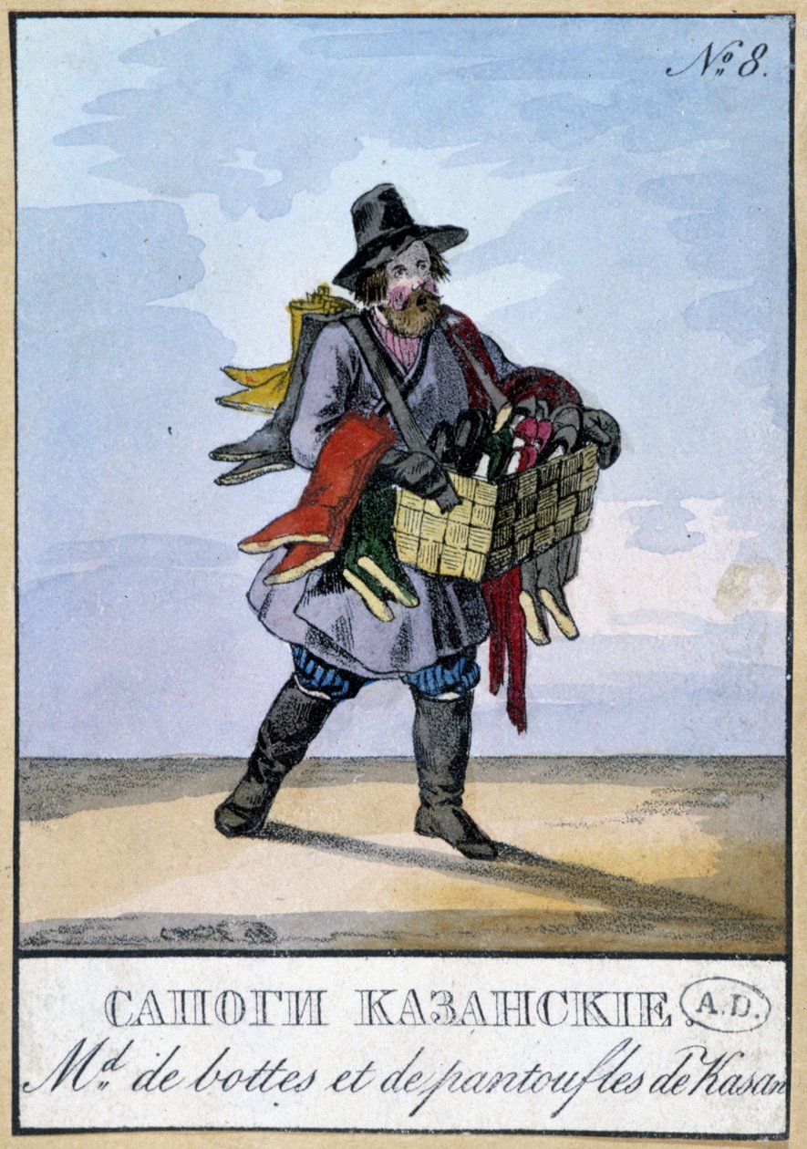 Kasanin matkustava saappaiden ja tossujen kauppias - Kaiverrus 1800-luvulta tekijältä Unknown artist