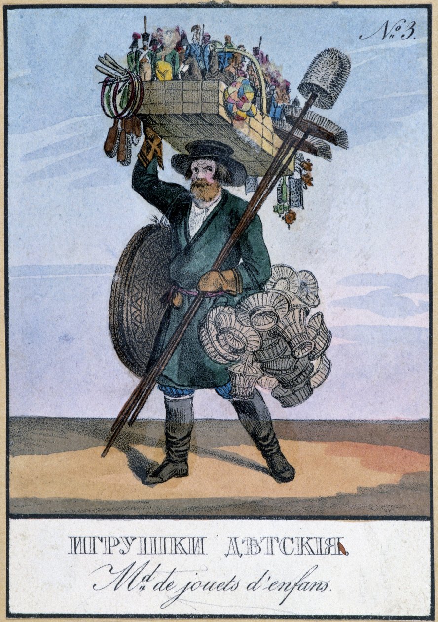 Lasten lelujen matkustava kauppias - Kaiverrus 1800-luvulta tekijältä Unknown artist