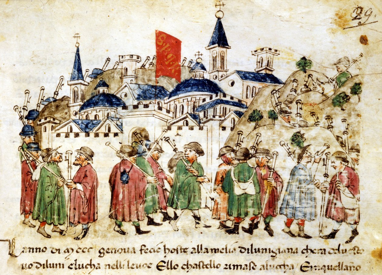 Matkustavat pyhiinvaeltajat saapuvat Roomaan. 1300-luvulla. Chronicles Sercambi. Lucca, Kansallisarkisto. tekijältä Unknown artist