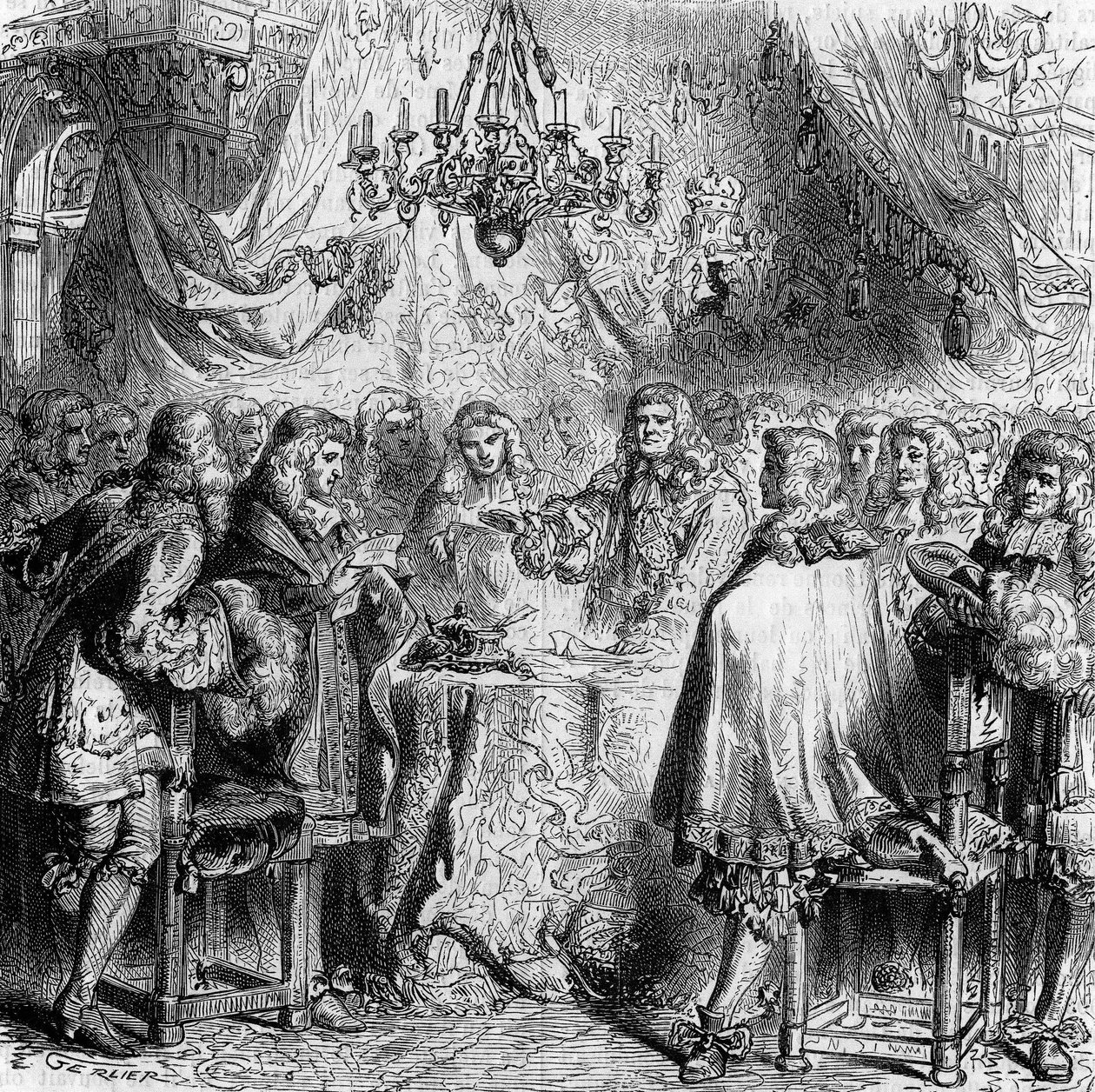 Kohtele Aix kappelia. Hän allekirjoitti 2. toukokuuta 1668 Ranskan ja Espanjan välillä, ja hän päätti valtaussodan ja antoi Flanderin Ranskalle. Kaiverrus vuodelta 1866. tekijältä Unknown artist