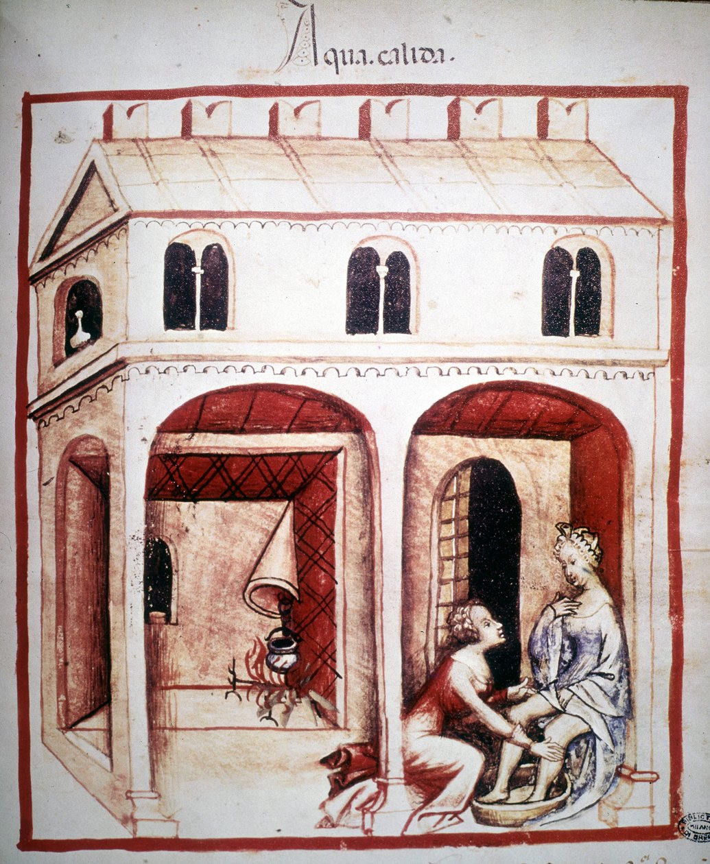 Lääketieteen tutkielma "Tacuinum sanitatis" 1300-luku: kuuman veden käyttö. B.N, Wien. tekijältä Unknown artist
