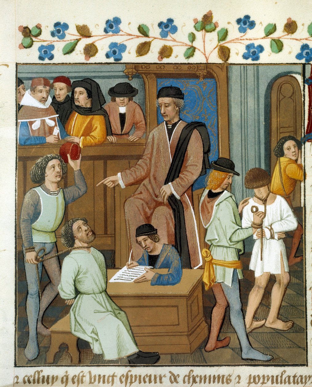Oikeudenkäyntikohtaus: tuomari kuulustelee vankia, jolla on köysi kaulassa. Miniatyyri käsikirjoituksesta. 1400-luvun Pariisi, B.N. tekijältä Unknown artist