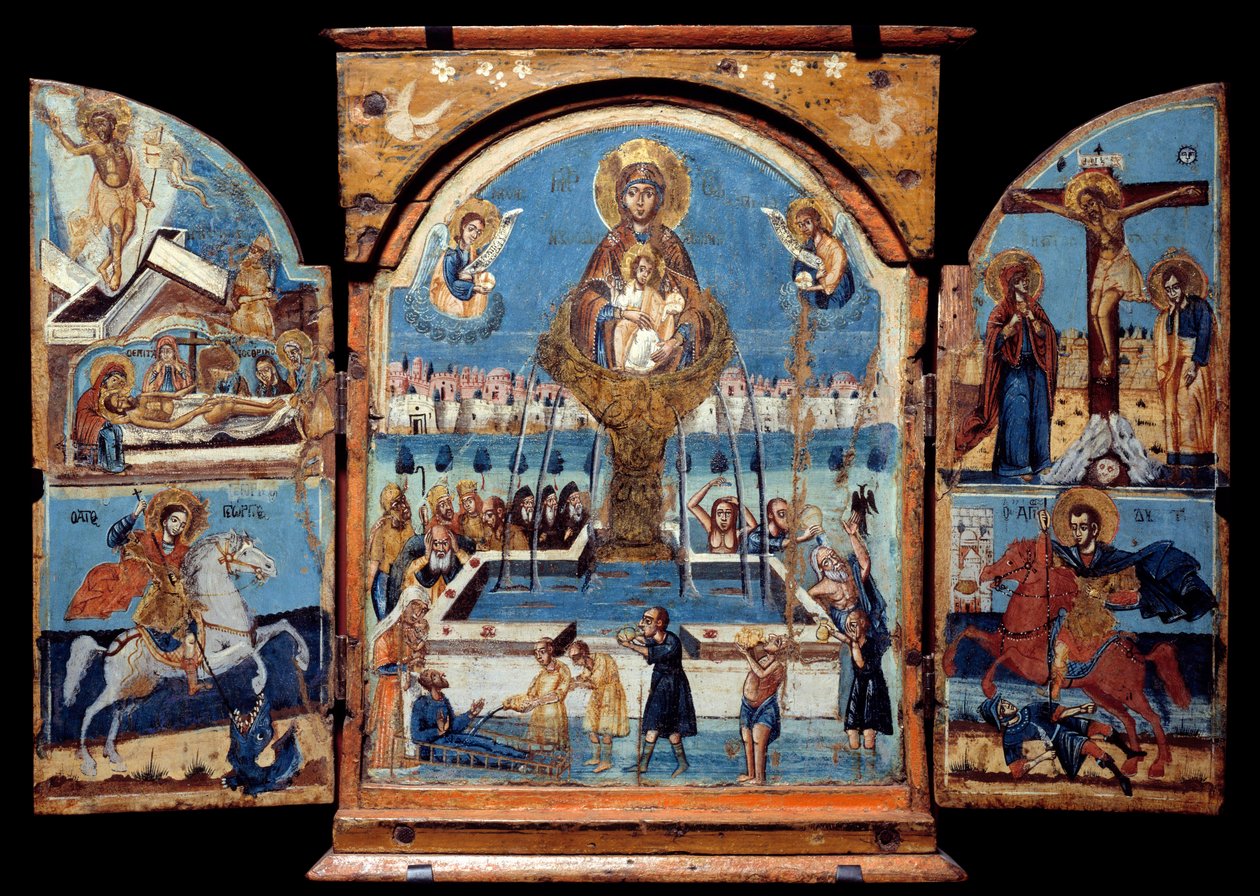 Neitsyt Triptyykki, elämän lähde Keskipaneeli: Neitsyt ylittää ihmeellisen vesisuihkulähteen. Vasemmalla ylösnousemus ja laskeuma. Alla ritari (Saint George), joka kaataa lohikäärmeen. Oikealla ristiinnaulitseminen ja ritarin sanapeli tekijältä Unknown artist