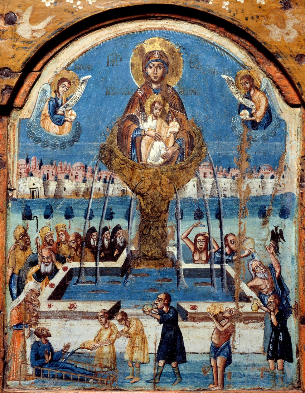 Neitsyt Triptyykki, elämän lähde Neitsyt kuohuu ihmeellisen vesisuihkun yläpuolella. Keskipanneu, maalaus Lähi-idän puulle. 1800-luvun Rouen musee des Beaux Arts tekijältä Unknown artist
