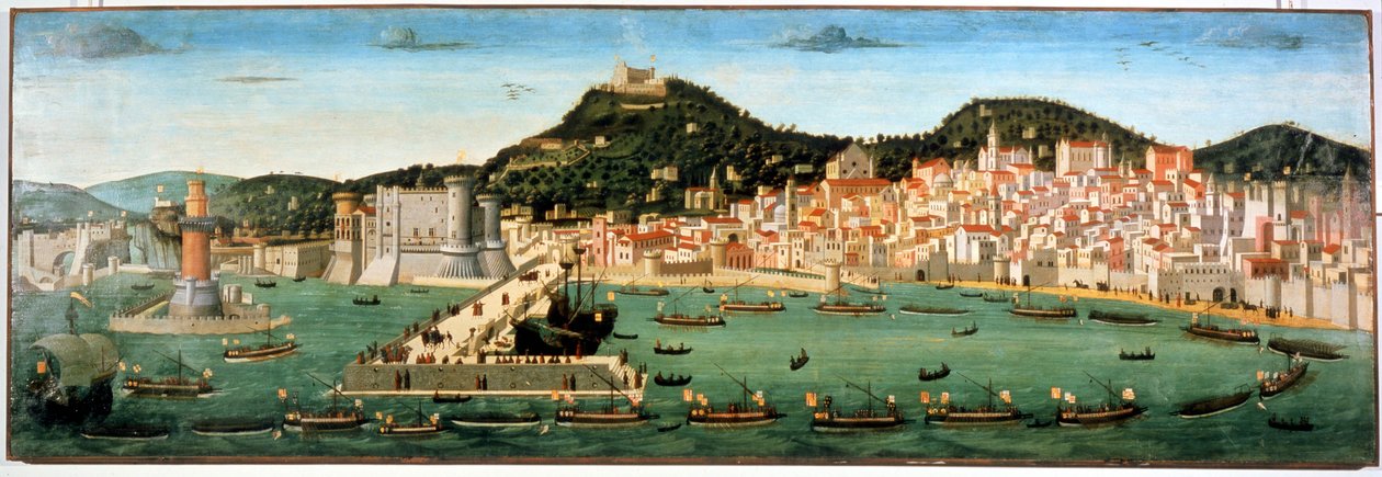 Ferdinand I:n (1423 - 1494) laivaston voittoisa paluu Ischian taistelun jälkeen Anjoun René I:tä vastaan (Hyvä) (1409 - 1480). 6. heinäkuuta 1464. Napoli, San Martinon kansallismuseo. tekijältä Unknown artist