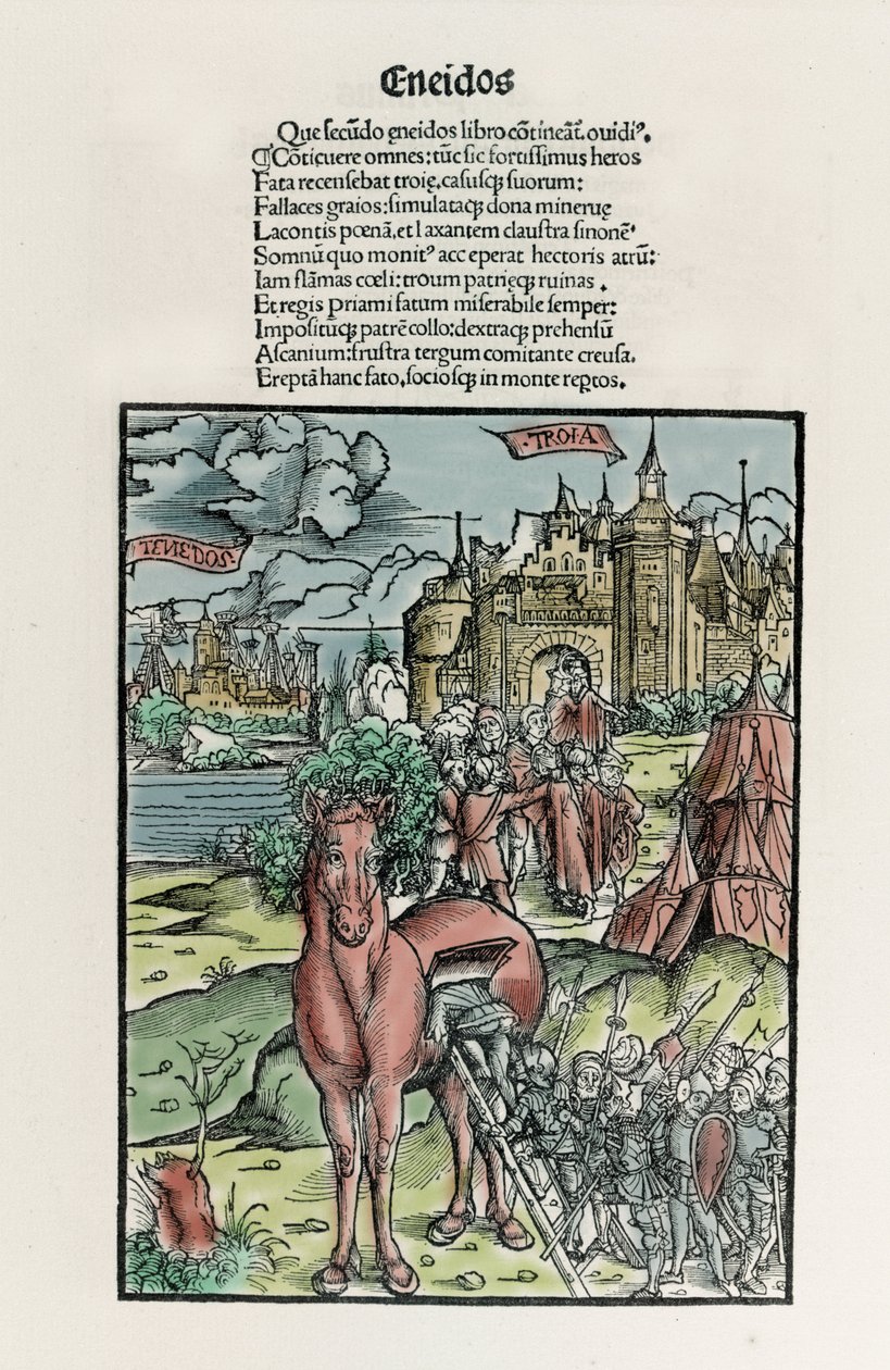 Troijalainen: Kreikkalaiset soturit jättävät hevosen, kun se on ylittänyt kaupungin muurit. Eneide. Ksylografia Sebastian Brant. Strasbourg tekijältä Unknown artist