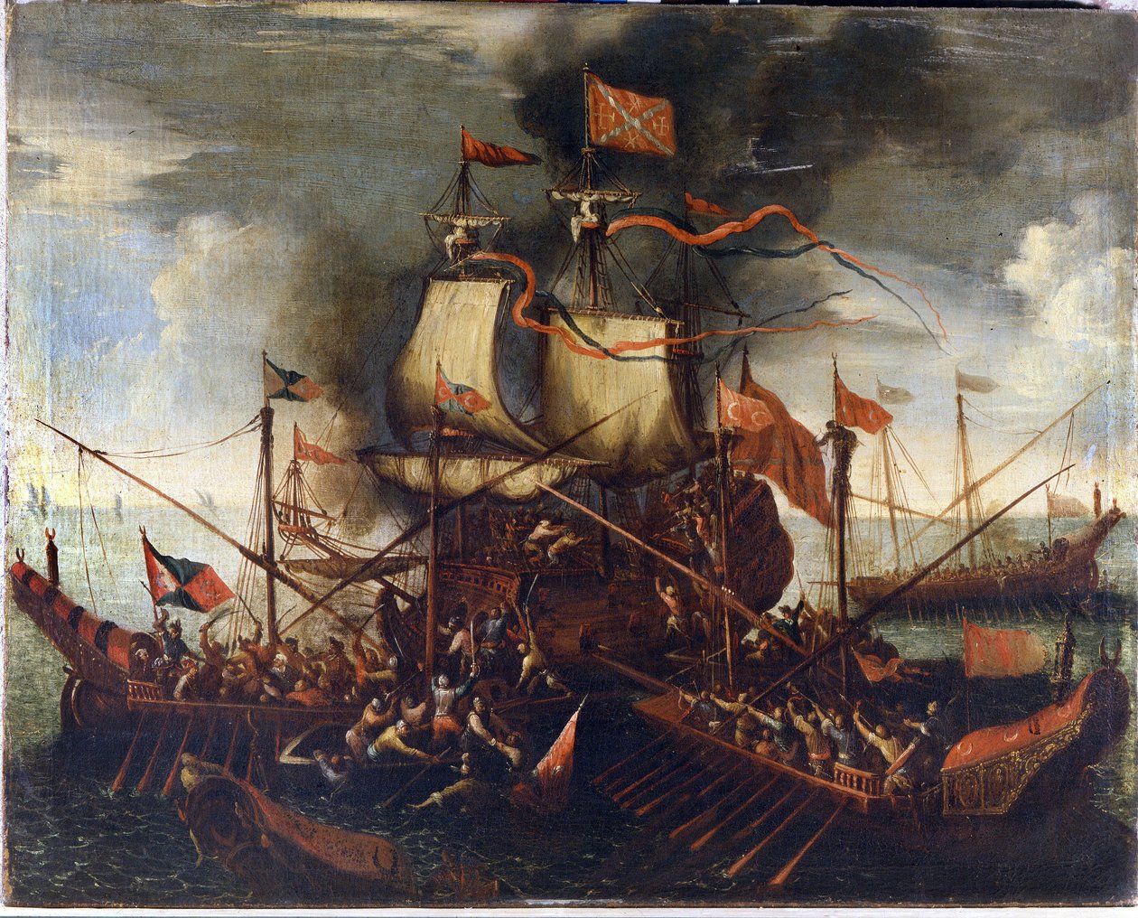 Turkkilainen keittiö lähestyy venetsialaista laivaa. 1700-luvun maalaus. tekijältä Unknown artist