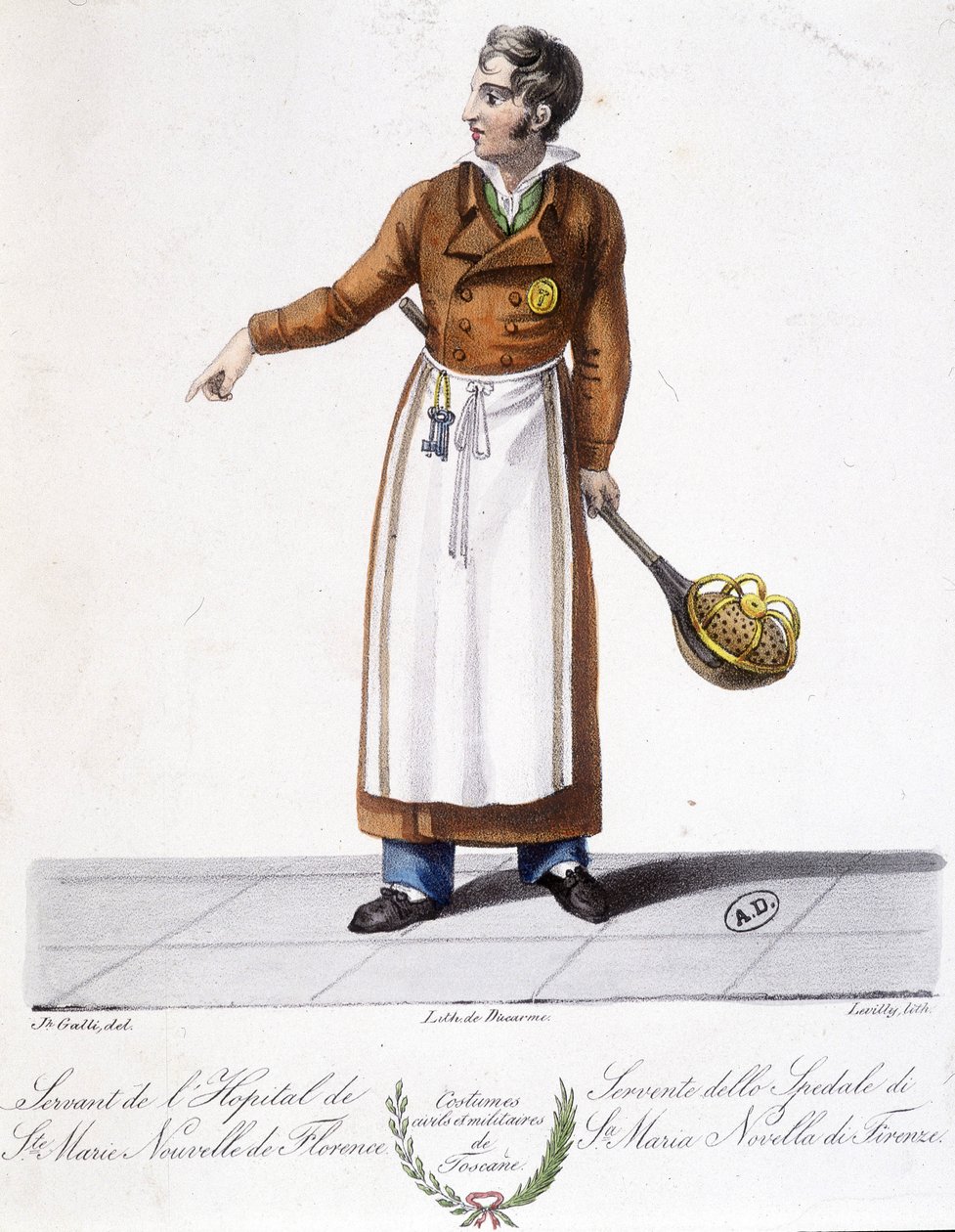 Toscanan puku: Sairaanhoitaja. Palvelee Firenzen Santa Maria Novellan sairaalasta. Kaiverrus 1800-luvulta. tekijältä Unknown artist