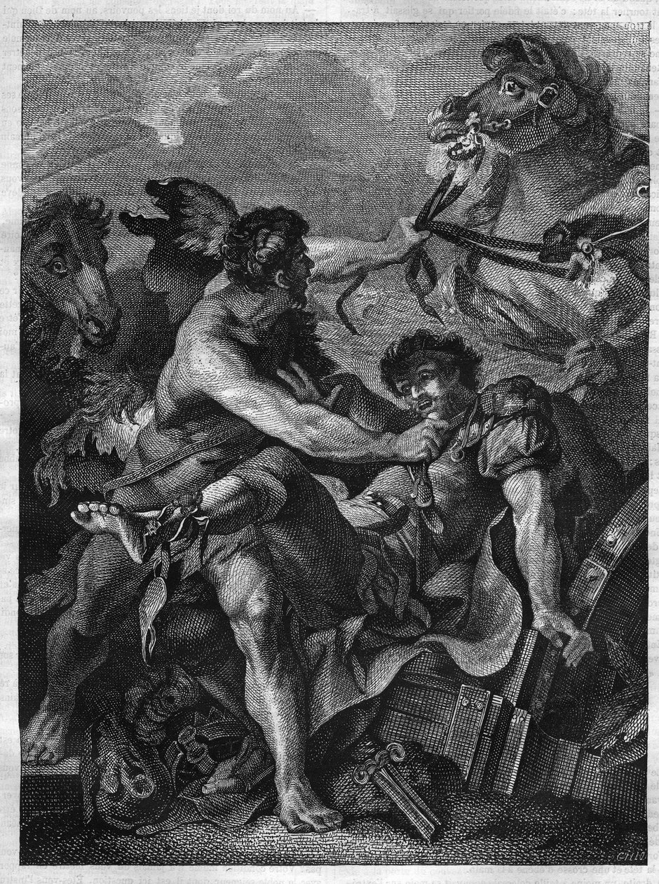 Herkuleen kaksitoista teosta: Diomede tappaa Herkulesin toimesta ja syö omilla hevosillaan. kaiverrus Jean-Baptiste-Marien (Jean Baptiste Marie) Peterin maalauksen jälkeen. (1714-1789) tekijältä Unknown artist