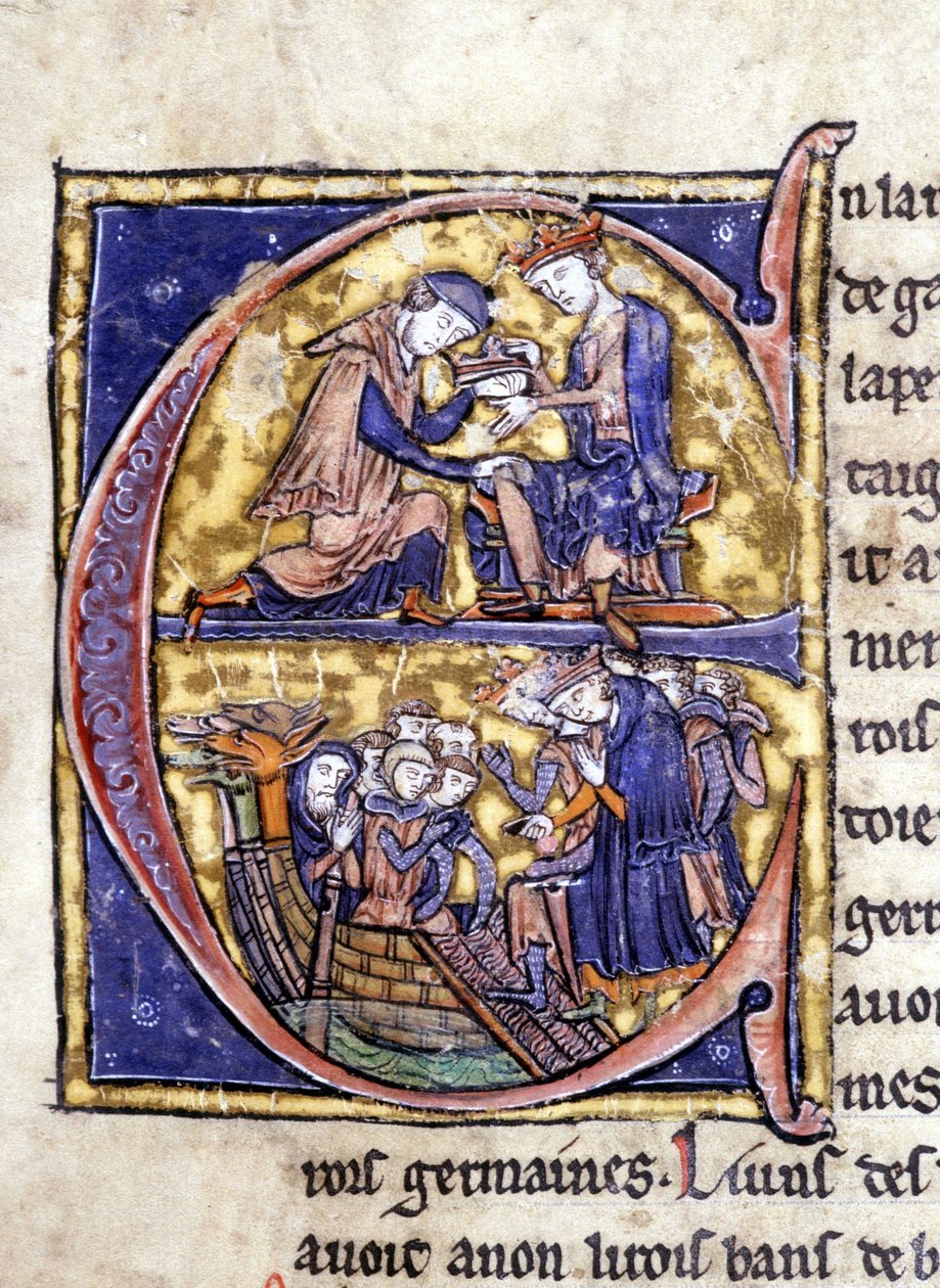 Kaksi Bretagnen kuningasta: Bans de Berroye (Lancelotin isä) ja Boorz de Gaune. Käsikirjoitus: Pyhän Graalin valloitus, kirjoitettu 717 vuotta herramme intohimosta. Bibliotheque Municipale de Rennes, ms. 255 (Pyöreän pöydän romaanien kokoelma); P tekijältä Unknown artist