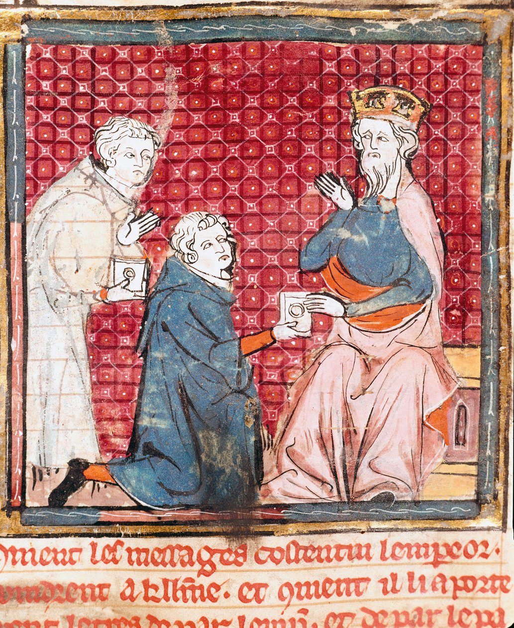 Kaksi sanansaattajaa ilmoittaa Kaarle Suuressa (742-814) voitosta "" Grandes Chronicles de Francen" 1375-1379 kaupunginkirjaston pienoissaraseeneista, Castres tekijältä Unknown artist