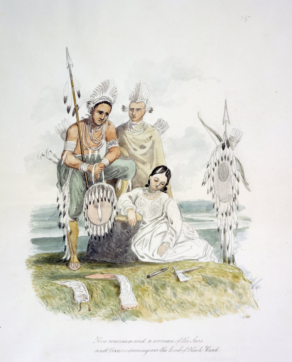 Kaksi soturia ja Sacs and Foxes -nainen suremassa Black Hawkin hautaa, n. 1843-50 (akvarelli) tekijältä Unknown artist