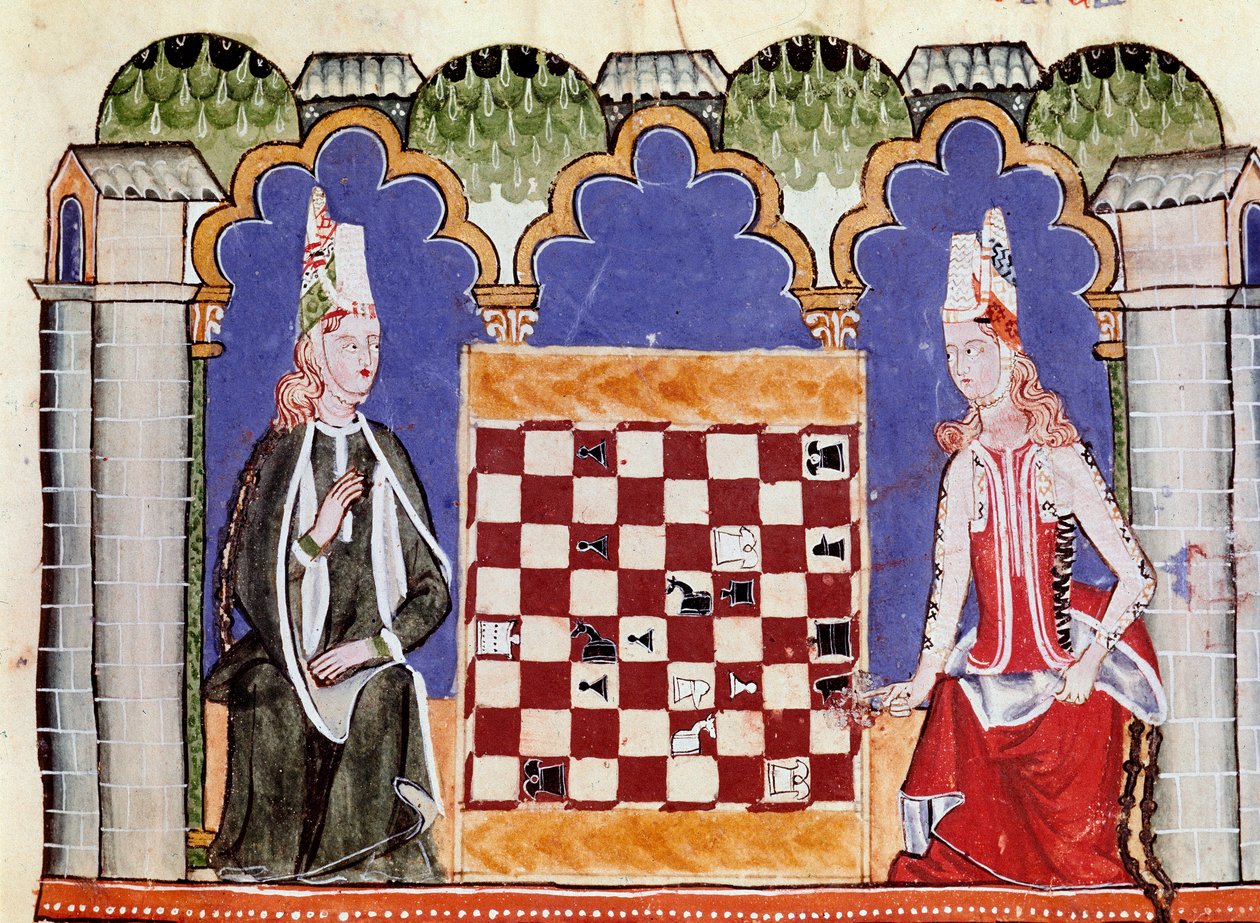 Kaksi naista pelaamassa shakkia. Miniatyyri Alfonso X Viisaan tai Savantin käsikirjoituksesta "" Libro de los juegos" (espanjaksi Alfonso X el Sabio tekijältä Unknown artist