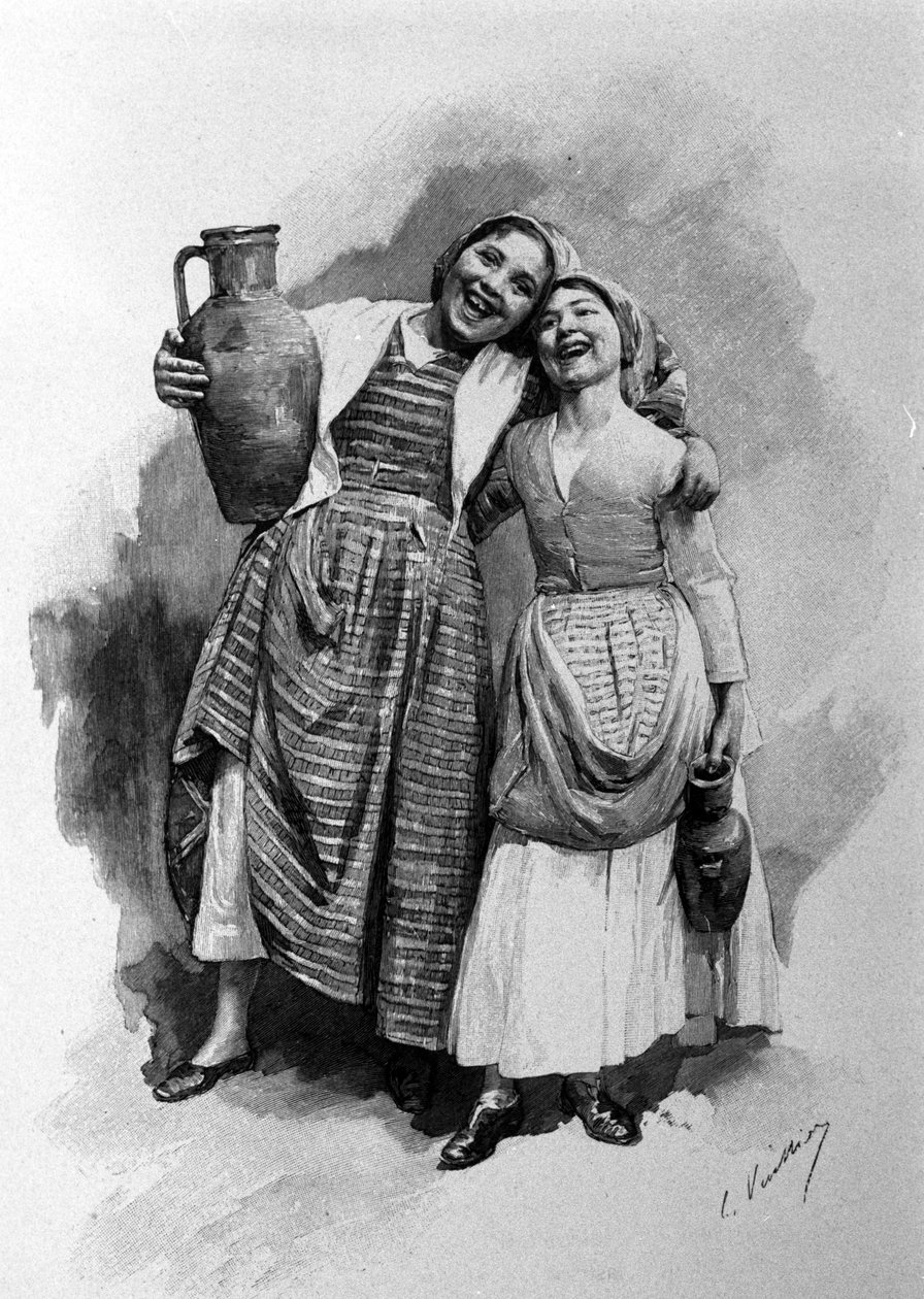 Kaksi nuorta naista, jotka asuvat Palermossa. Sisilialainen kaiverrus 1800-luvulta tekijältä Unknown artist