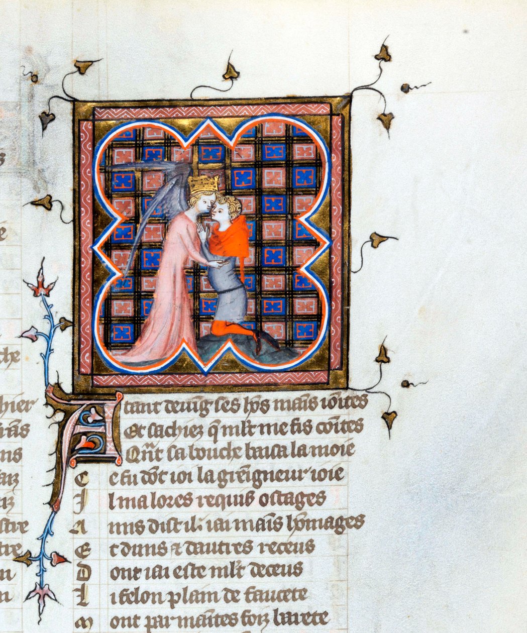 ""Kruunattu enkeli syleilee miestä"" Valaistu sivu Guillaume de Lorrisin (noin 1200-1238) ja Jean de Meunin (Meung) (1240-1305) käsikirjoituksesta "Le Roman de la Rose" noin 1353 Sveitsin kirjasto Genevestä tekijältä Unknown artist