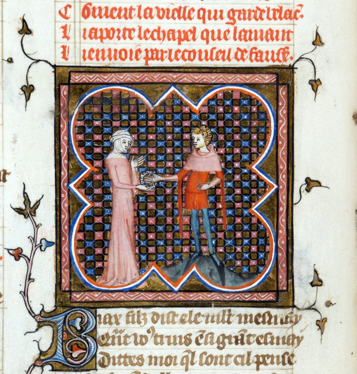 ""Nuori mies ja vanha nainen"" Valaistu sivu Guillaume de Lorrisin (noin 1200-1238) ja Jean de Meunin (Meung) (1240-1305) käsikirjoituksesta "Le Roman de la Rose" noin 1353 Sveitsi Geneven kirjasto tekijältä Unknown artist