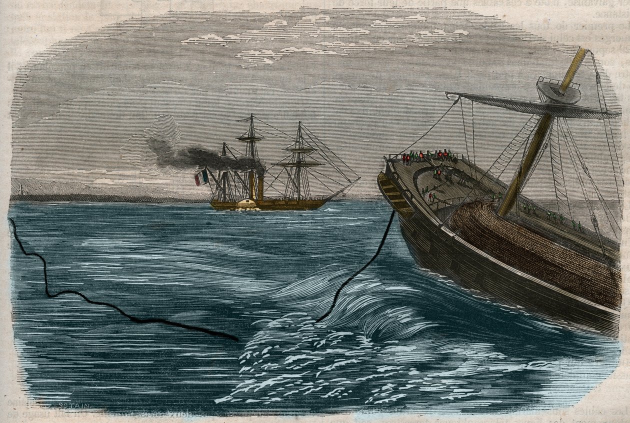 Vedenalaiset lennätinlinjat: Merenalaisen kaapelin (sukellusvene) laskeminen Kaiverrus vuodelta 1857. tekijältä Unknown artist