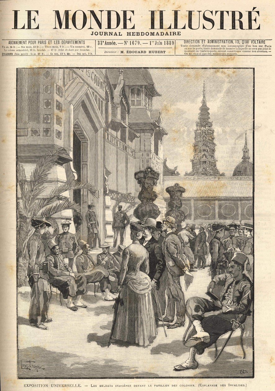 Maailmanlaajuinen näyttely 1889 - Alkuperäiskansat siirtomaapaviljongin (Esplanade des Invalides) edessä. Kansi "" Le Monde Illustré"" 1.6.1889. tekijältä Unknown artist