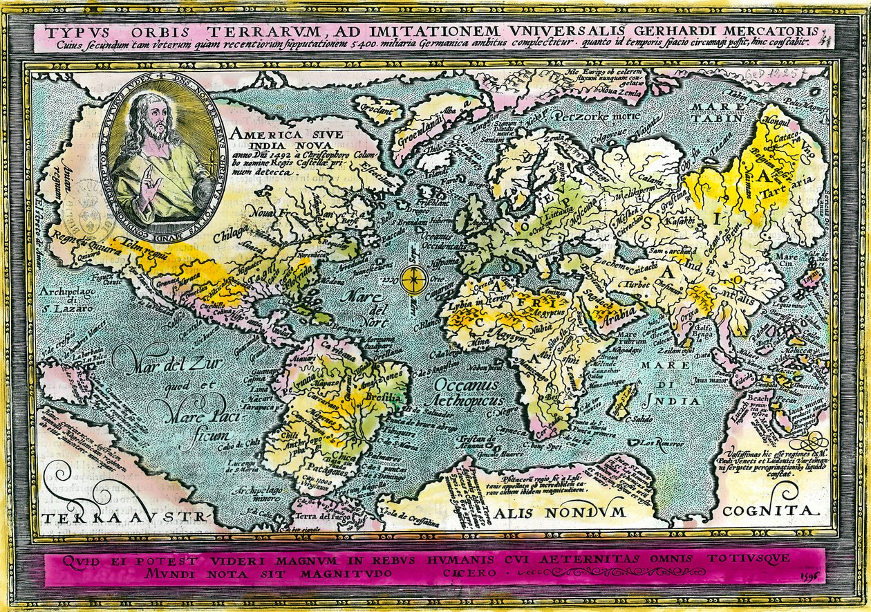 Universaali maantieteellinen kartta (maailmankartta) vuodelta 1596. Kaiverrus. Yksityinen kokoelma. tekijältä Unknown artist