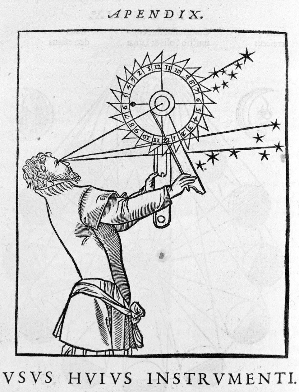 Laitteen käyttö ajan laskemiseen suhteessa tähtiin yöllä (astrolabe) - Cosmographia de Pietro Apiano, Pariisi 1551. tekijältä Unknown artist