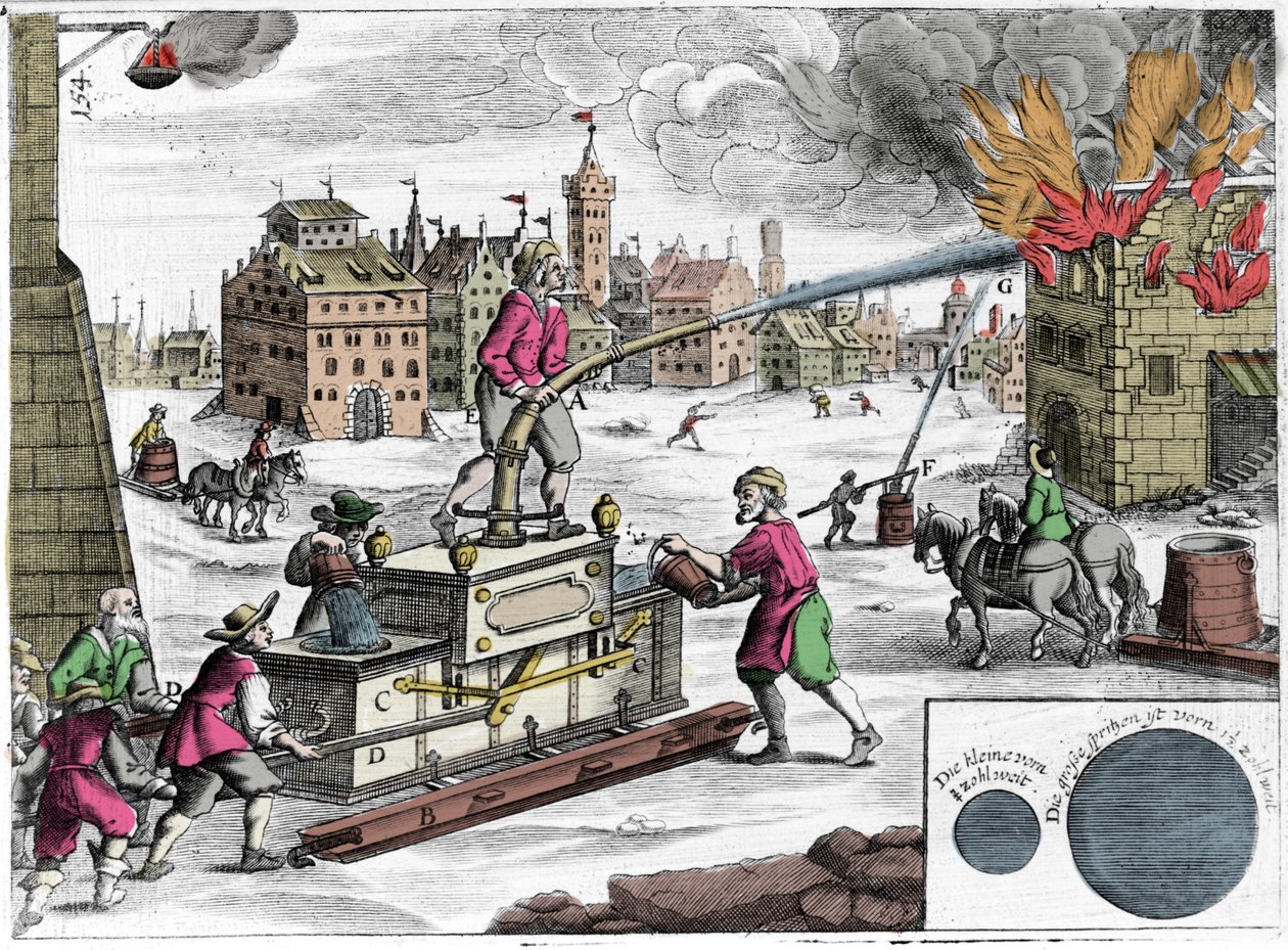 Palokunnan käyttämä palopumppu. Kaiverrus Georg Andreas Bocklerin (1644-1698) teoksesta "Theatrum Machinarum novum" tekijältä Unknown artist