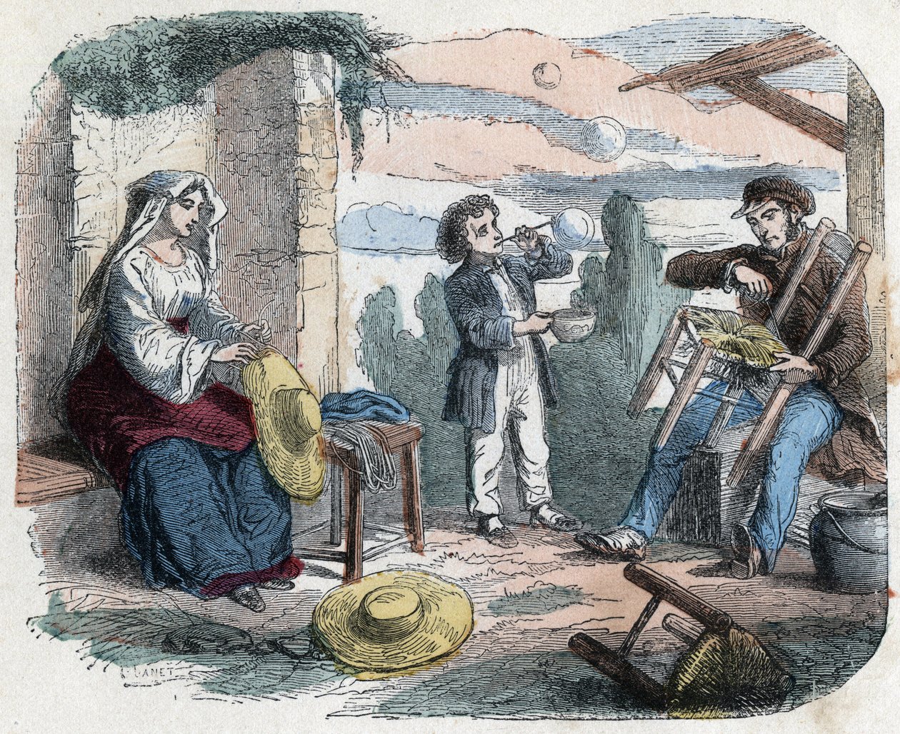 Olkien käyttö 1800-luvulla: mies koristelee tuolin oljilla, nainen punoi hattuja (koristeita), lapsi tekee pilleillä saippuakuplia. Kaiverrus 1800-luvun lopulla. tekijältä Unknown artist
