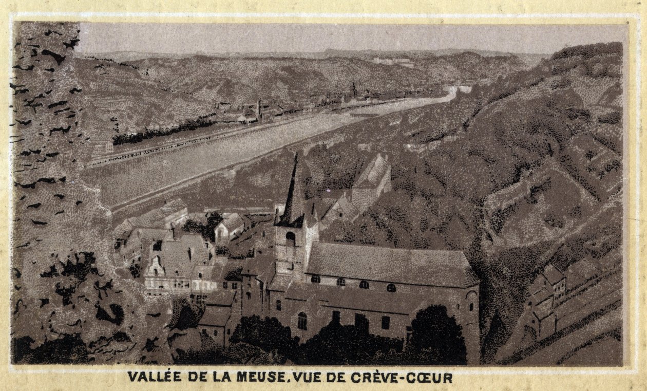 Vallee de la Meuse: näkymä Creve Coeuriin (Creve-Coeur tai Crevecoeur), Vallonia, Belgia. 1800-luvun lopun kromolitografia. tekijältä Unknown artist