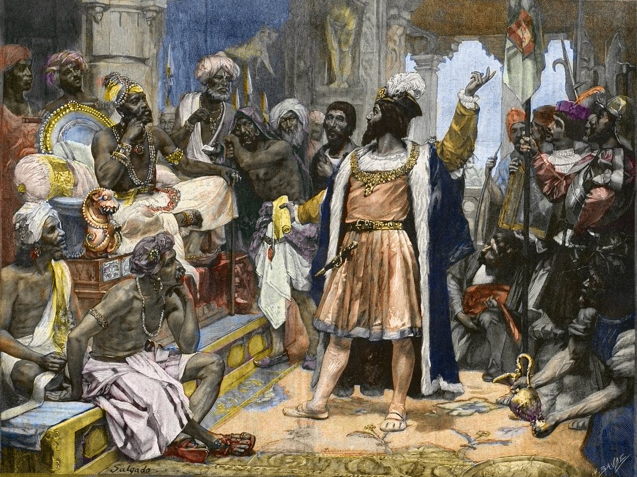 Vasco da Gama toimittaa Portugalin kuninkaan Manuelin kirjeen Calicutin samorimille - maalauksen jälkeen, n. tekijältä Unknown artist
