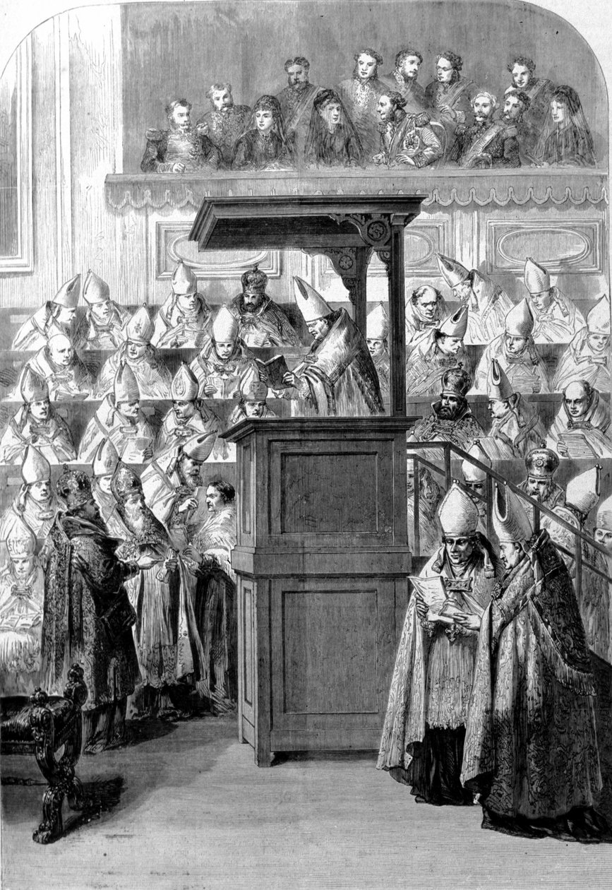 Vatikaanin kirkolliskokous I. kirkolliskokouksen sihteeri, joka julisti uskon perustuslain. 1870 tekijältä Unknown artist