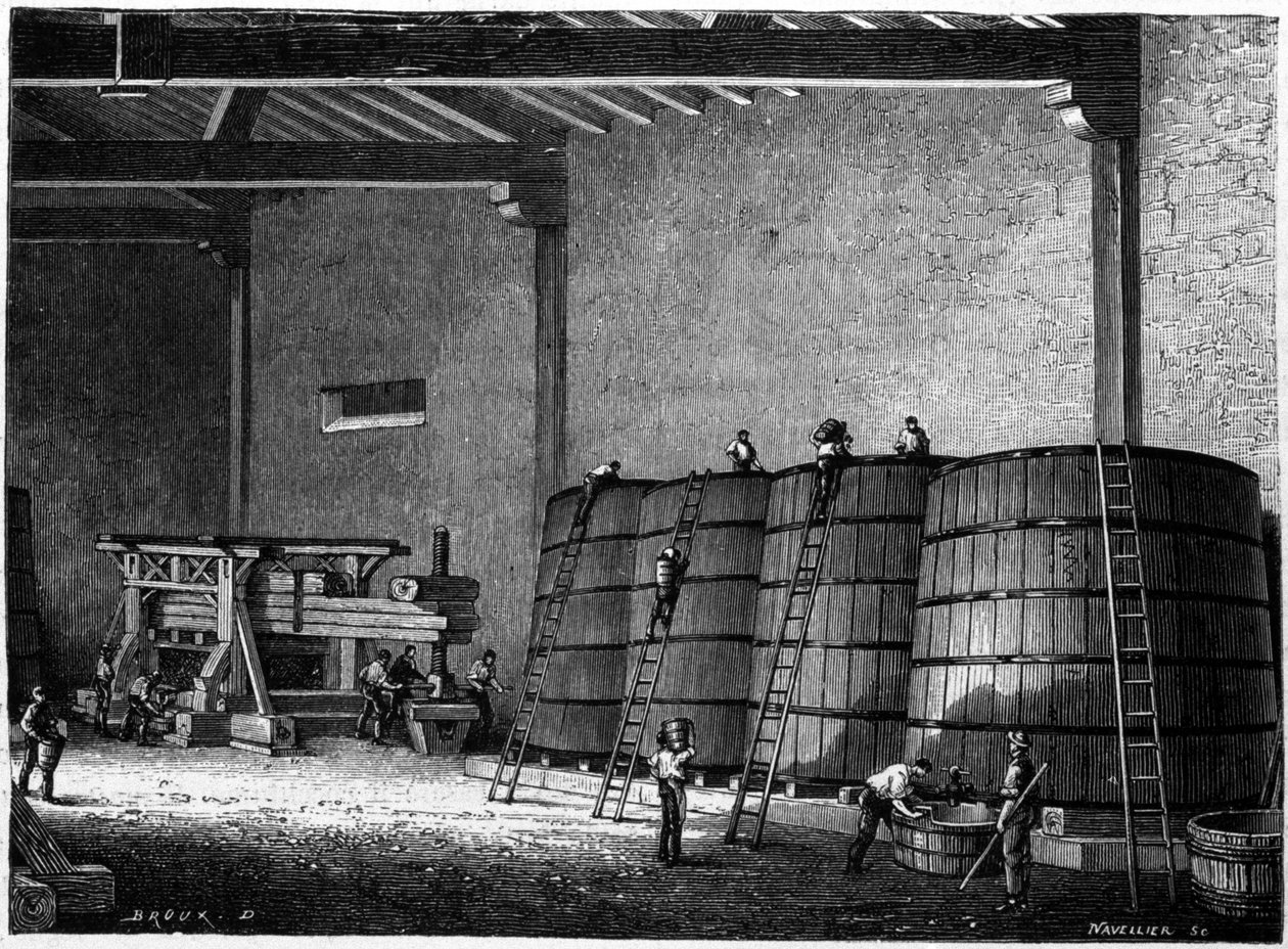 Burgundin viinikellareissa käytetyt sammiot ja puristimet Clos Vougeot 1800-luvun kaiverrus tekijältä Unknown artist
