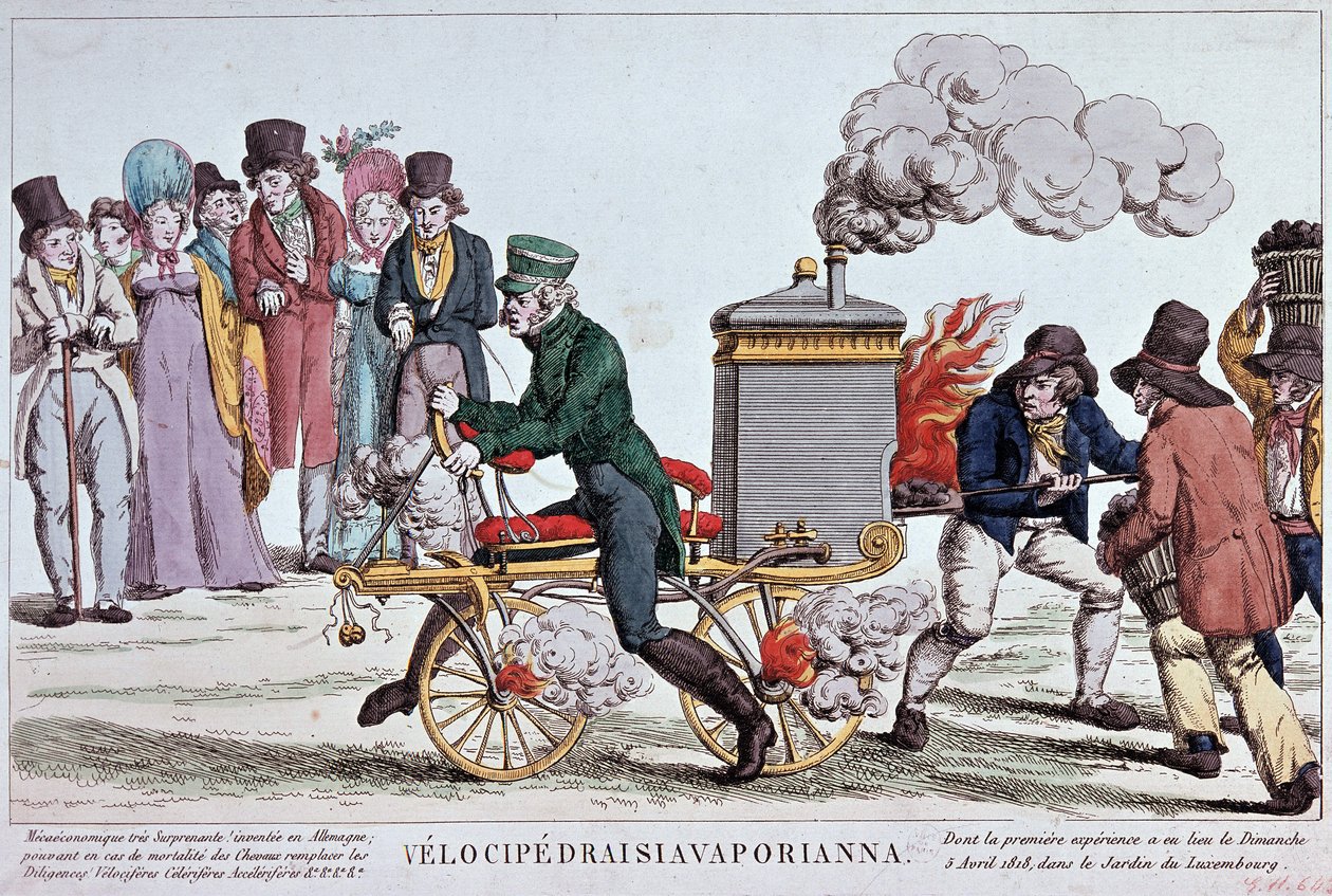 Velocipedraisiavaporianna: steam velocipede - kaiverrus noin 1818, Bibl. Pariisin kaupungista. tekijältä Unknown artist