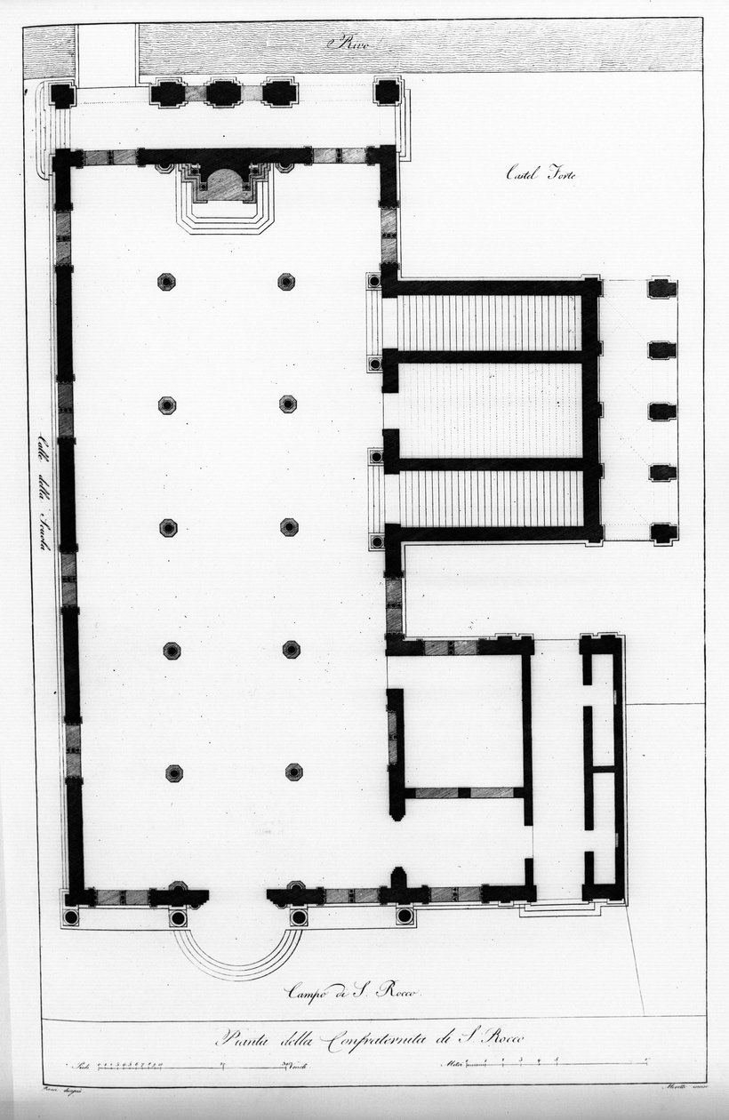 Venetsia. School of San Rocco, perustettu vuonna 1478. Suunnitelma. 1800-luvulla. tekijältä Unknown artist