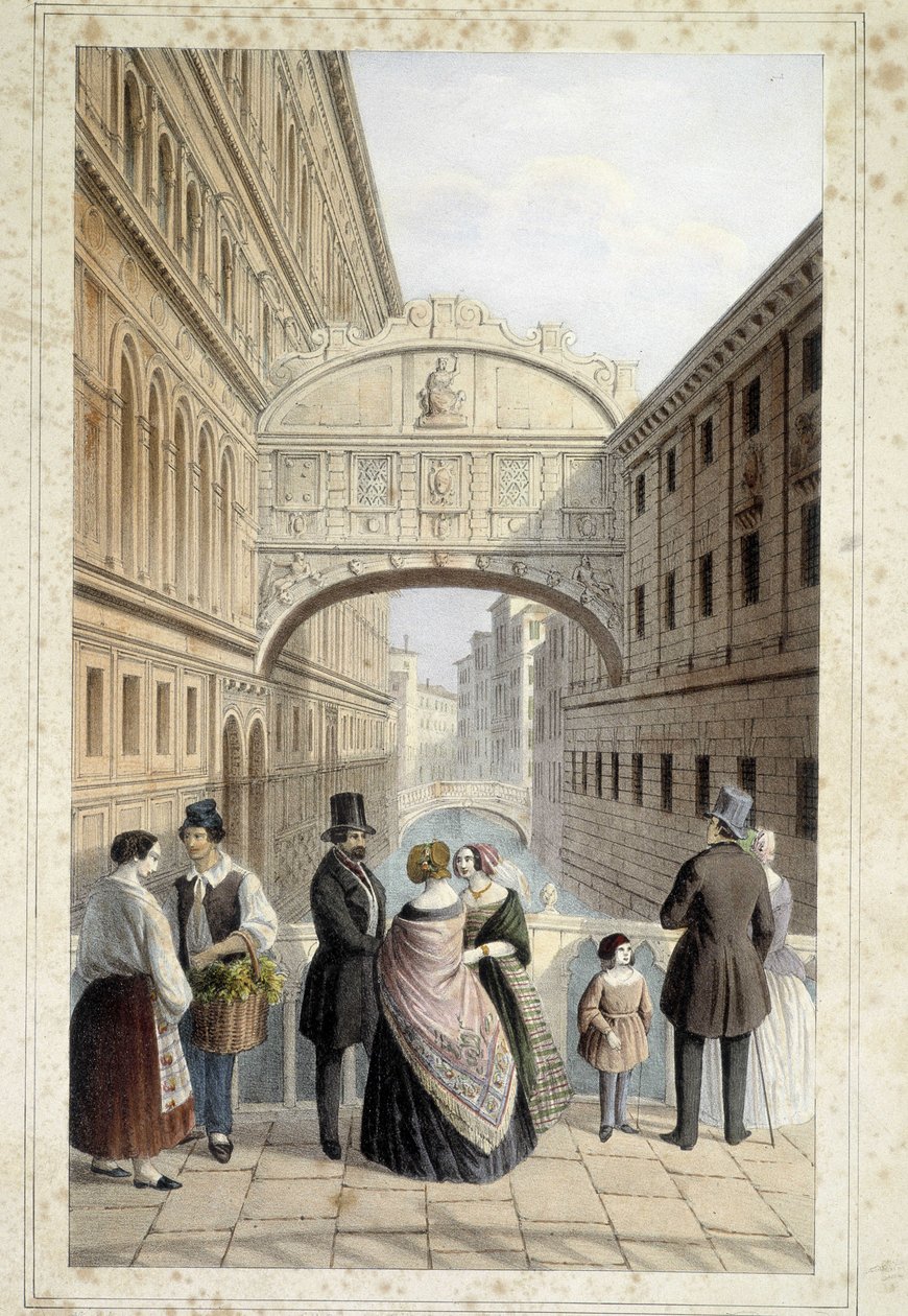 Venitiens sur le pont des soupirs (huokausten silta) - "" Album des principales views de Venise "", ill. kirjoittanut Marco Moro, toim. Gio Brizeghel, v.1840 tekijältä Unknown artist
