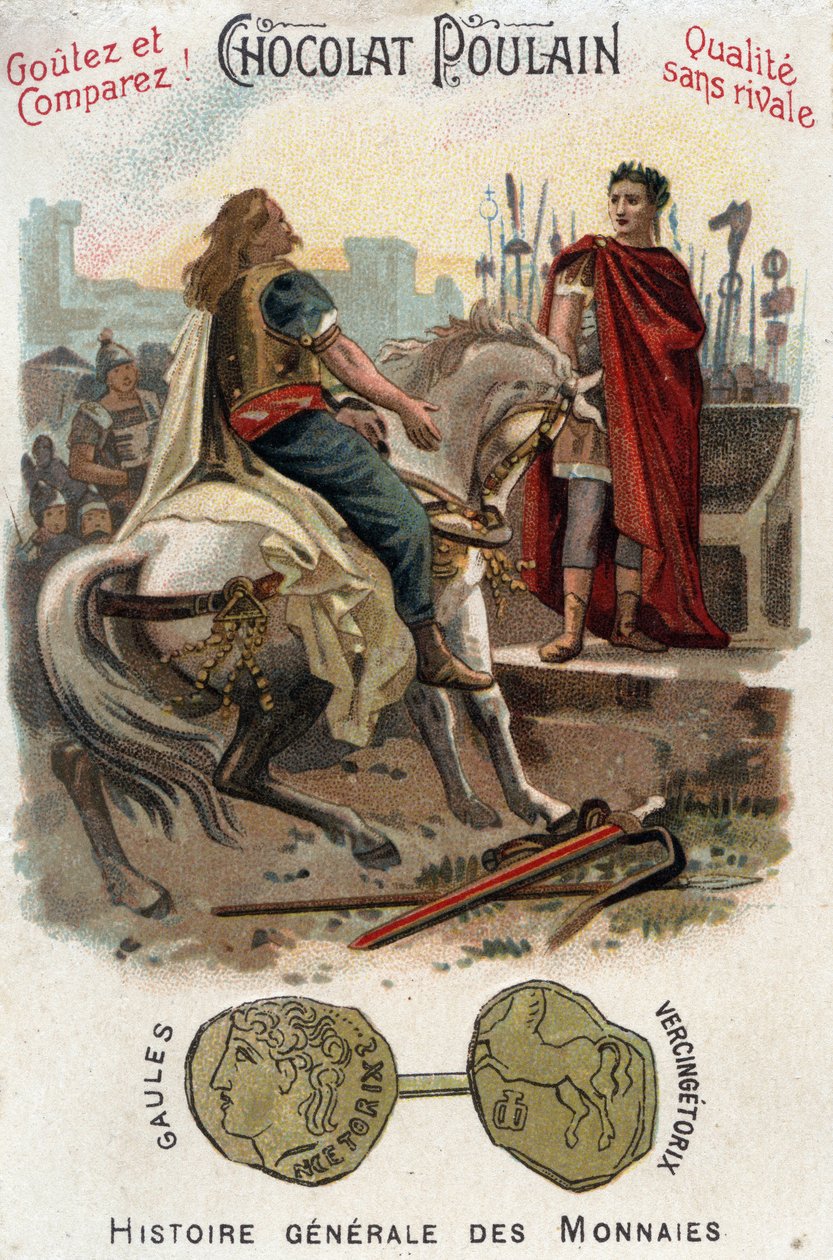 Vercingetorix (72-46 eKr.), gallialaisen kapinan johtaja, laskee aseet Cesarin (100-44 eKr.) jalkojen juurelle, kun hän oli menettänyt lopullisesti Alesian kaupungin - Kolikoiden yleisessä historiassa - Suklaa-varsa kromolitografia myöhään. 1800-luku - Pri tekijältä Unknown artist