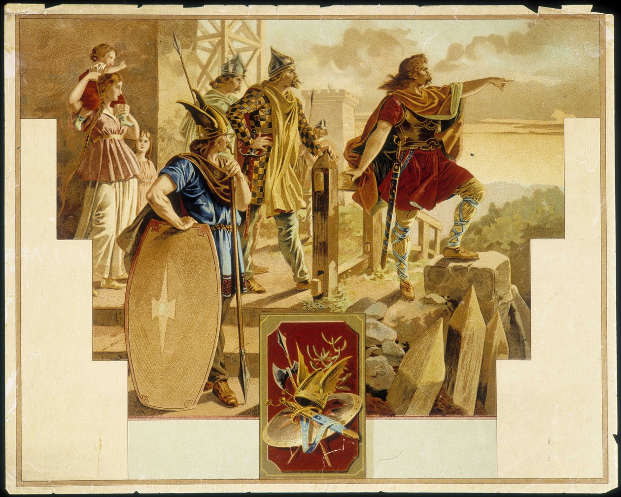 Vercingétorix gallialaisten, sotureiden, naisten ja lasten ympäröimänä - Kromolitografia tekijältä Unknown artist