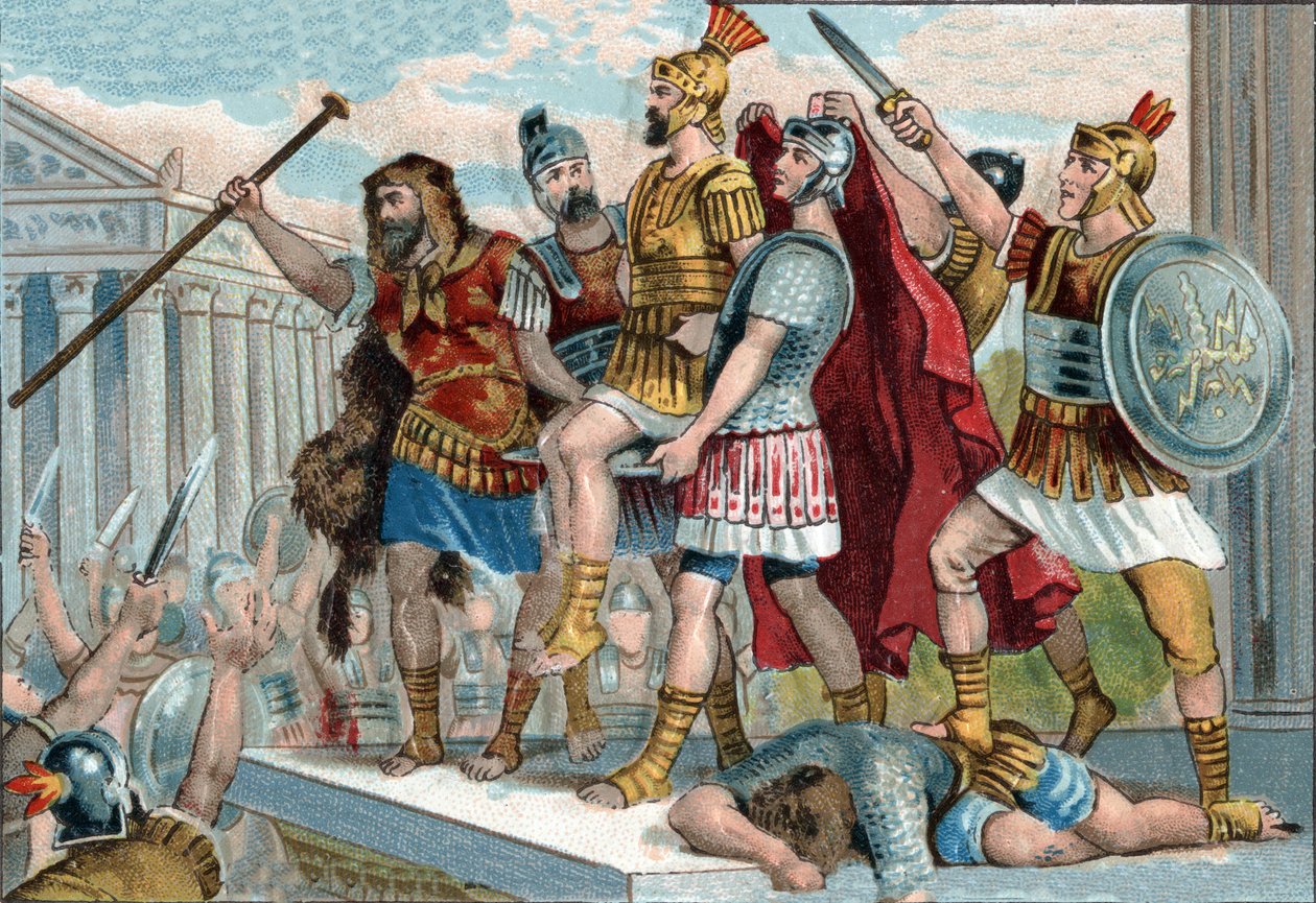 Vespasianus (latinaksi Titus Flavius Vespasianus) (9-79) julistettiin keisariksi hänen sotilaidensa toimesta. Kromolitografia noin 1890. tekijältä Unknown artist