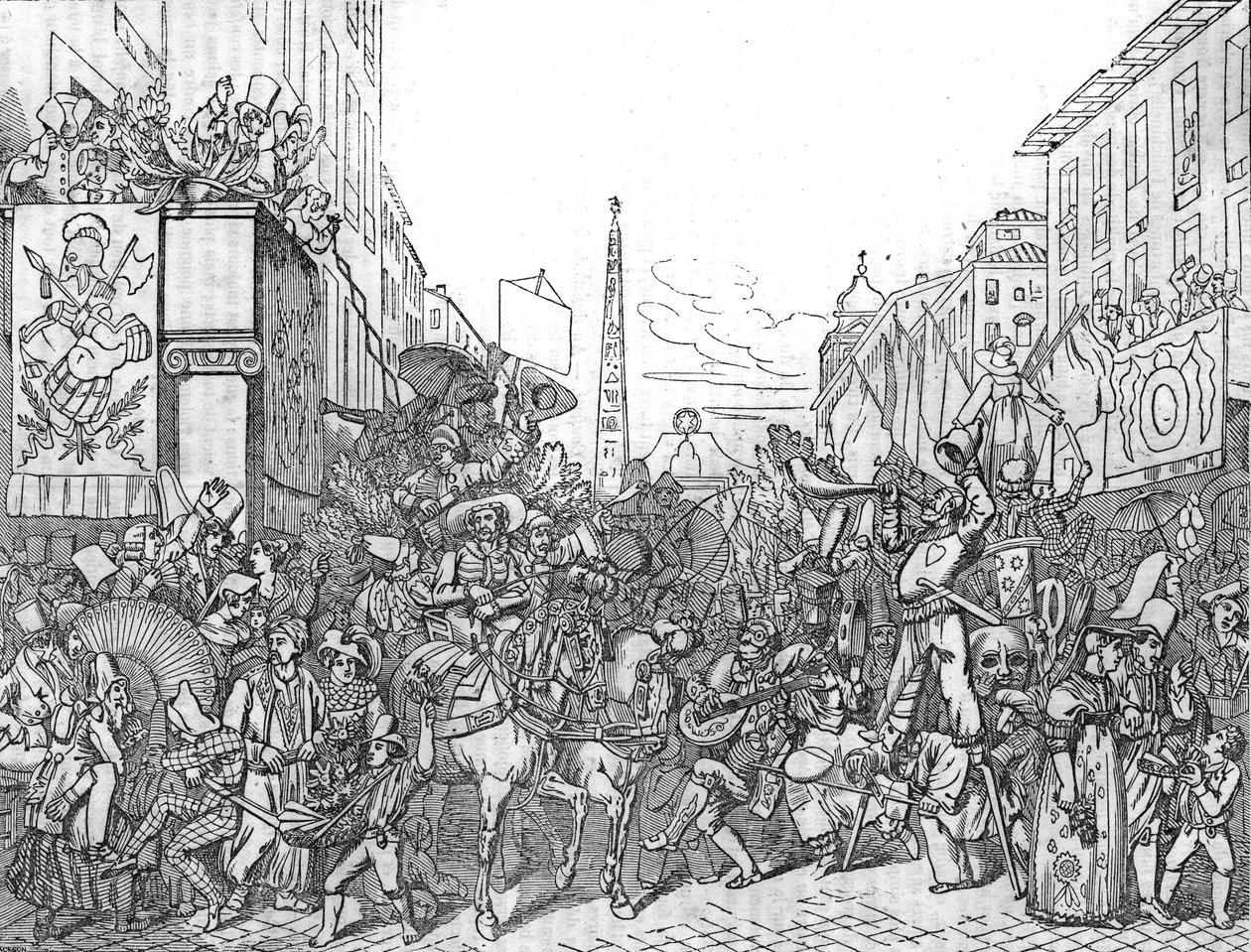 Via del Corso Roomassa vuoden 1836 karnevaalin (Carnevale) aikana. tekijältä Unknown artist