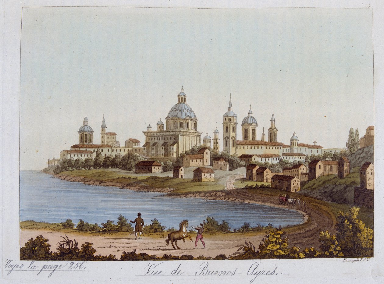 Näkymä Buenos Airesista - tohtori Ferrarion vanhassa ja modernissa asussa 1819-1820, toim. Milano tekijältä Unknown artist