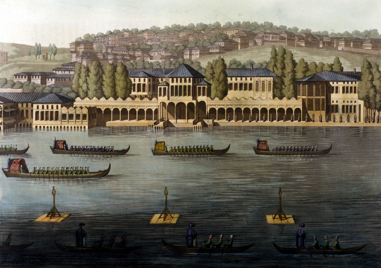 Näkymä Konstantinopoliin, joka on yksi sulttaanin asunnoista Bosporinsalmella. 1800-luvulla. tekijältä Unknown artist