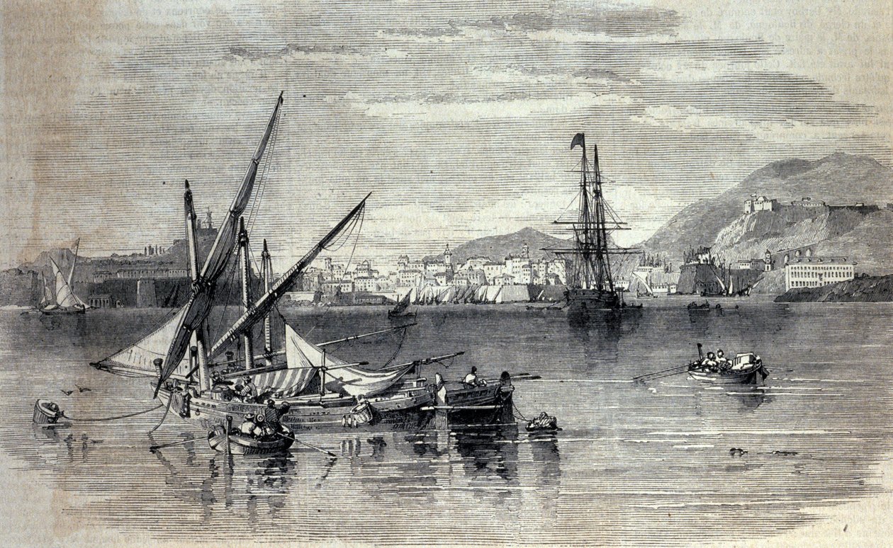 Näkymä Korfulle Kreikassa Vidon saarelta. Kaiverrus 1800-luvun alusta tekijältä Unknown artist