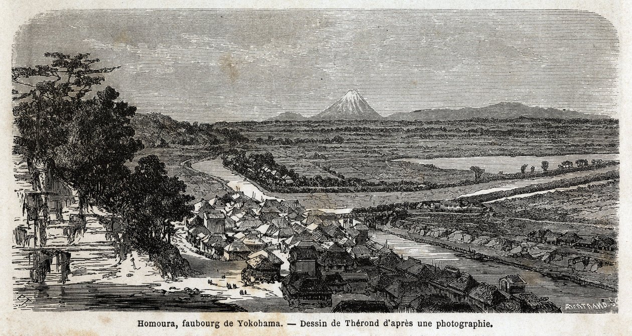 Näkymä Homouraan, Yokohaman esikaupunkiin, taustalla Fuji-vuori. Kaiverrus havainnollistamaan matkaa Japaniin vuosina 1863-1864, Sveitsin valaliiton ministeri Aime Humbert "Le tour du monde, nouveau journal des voyages" -julkaisussa. tekijältä Unknown artist