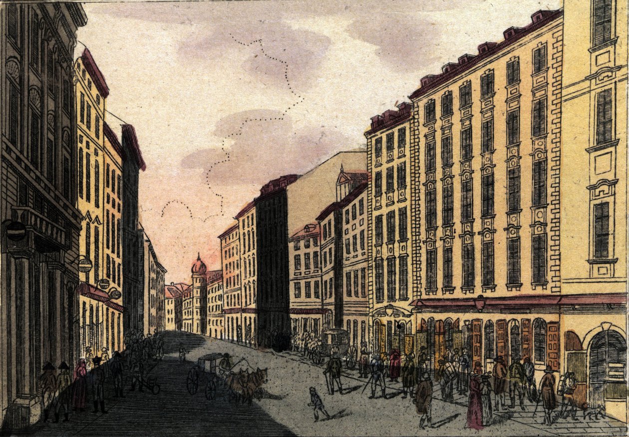 Näkymä Kohlmarkt-kadulle Wienissä, Itävallassa Kaiverrus vuodelta 1820 tekijältä Unknown artist