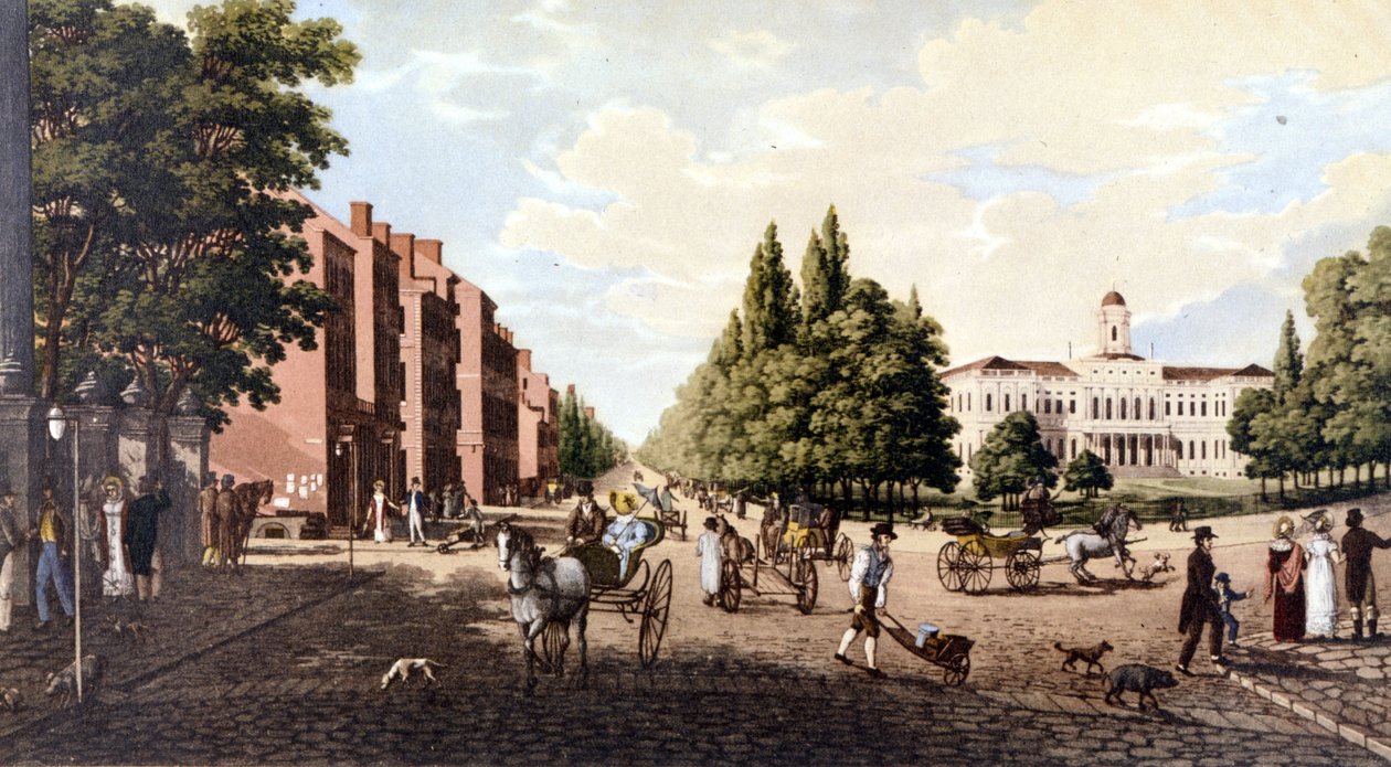 Näkymä New Yorkista: Broadway ja kaupungintalo. SD-litografia noin 1800-luvun puolivälissä. tekijältä Unknown artist