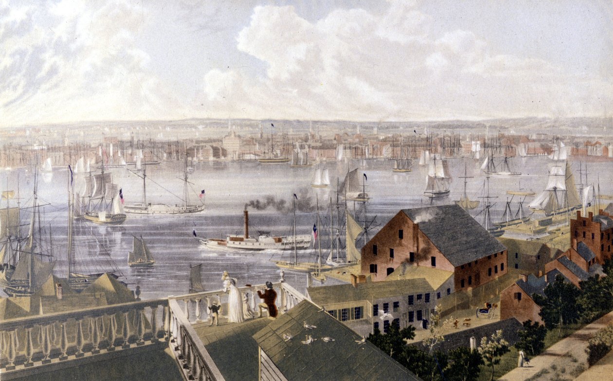 Näkymä New Yorkin satamaan. SD-litografia noin 1800-luvun puolivälissä. tekijältä Unknown artist