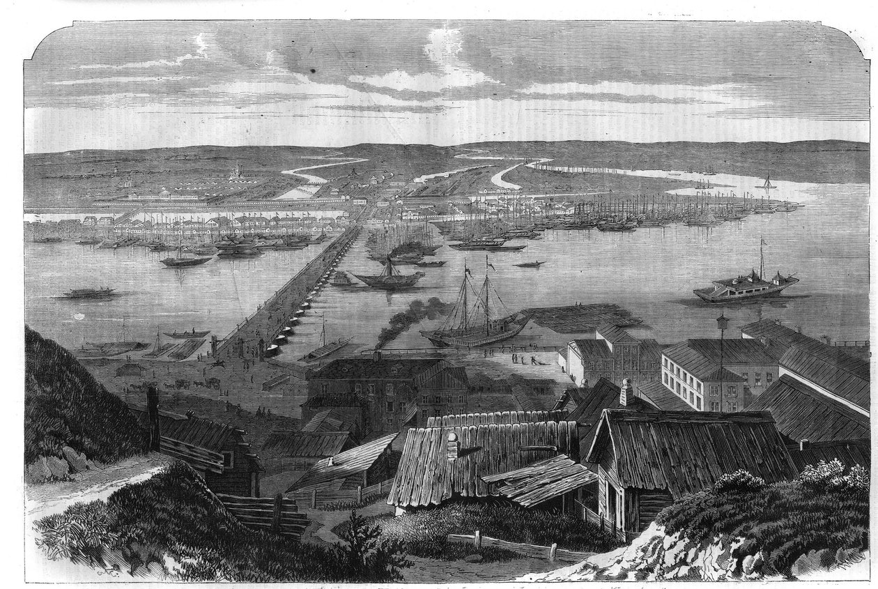 Näkymä Nižni Novgorodista (Nižni Novgorod), Venäjän kaupungista. Kaiverrus "" L