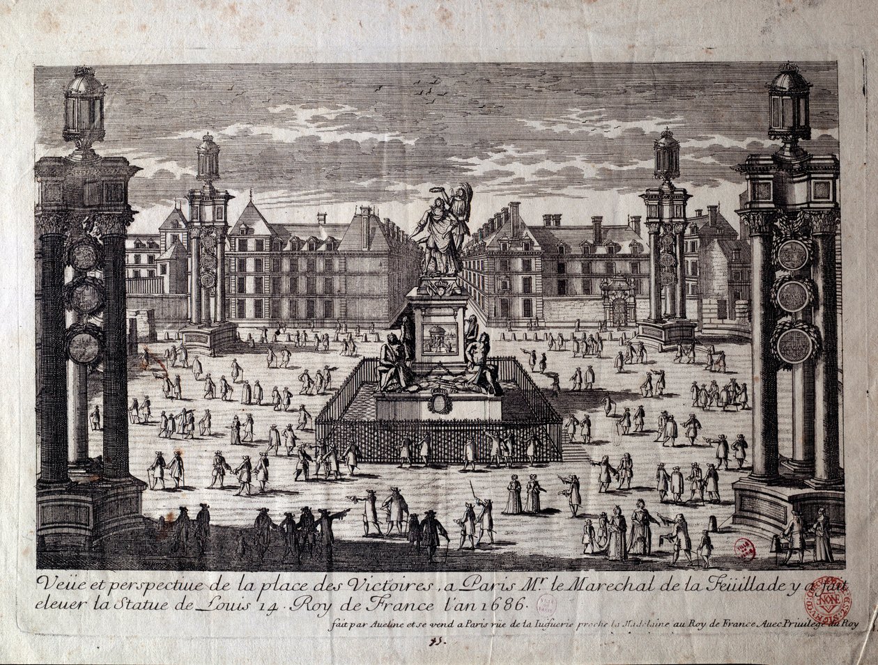 Näkymä Place des Victoires -aukiolle Pariisissa ja Ludvig XIV:n patsas, jonka Marechal de la Feuillade nosti vuonna 1686. Kaiverrus 1600-luvun Pariisista, Musee Carnavalet tekijältä Unknown artist