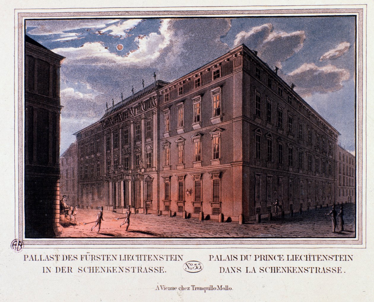 Näkymä prinssi Lichtensteinin palatsista Wienissä, Itävallassa. Kaiverrus vuodelta 1820 Yksityinen kokoelma tekijältä Unknown artist