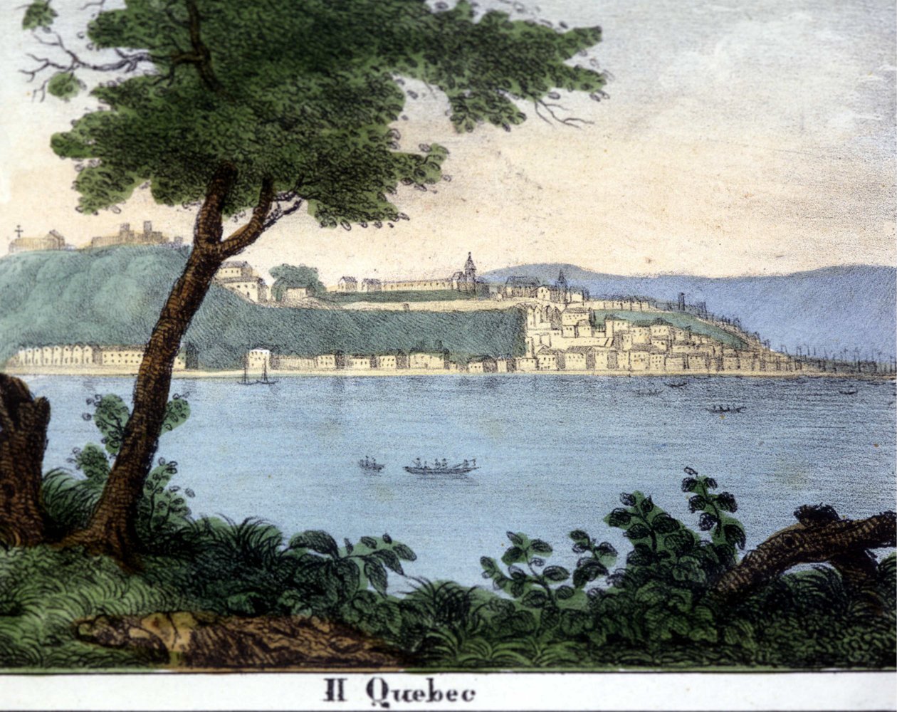 Näkymä Quebecin kaupunkiin 1800-luvun alussa. Värilitografia. tekijältä Unknown artist